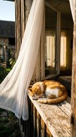 Orange tabby cat sleeping peacefully on wooden porch railing with flowing white curtains and warm sunlight creating cozy domestic scene for home decor.