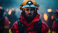 Rescue worker in red protective gear and helmet with lights during night emergency operation, dramatic bokeh background creates urgent atmosphere.