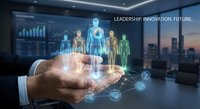 Business leader holding holographic team figures in modern office with digital interface and city skyline, representing leadership innovation and future workforce management.