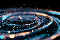Mesmerizing spiral of glowing blue and orange light trails against dark background with sparkling particles and bokeh effects creating cosmic atmosphere.