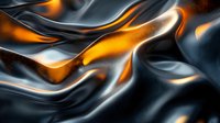 Abstract flowing metallic liquid with orange glowing light effect creates dynamic waves and curves against dark background, modern artistic design element.