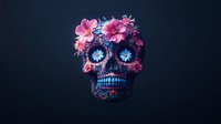 Decorative skull adorned with pink and blue flowers against dark background, featuring glowing blue eyes and intricate floral arrangements in Day of Dead style.