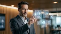Middle-aged Caucasian businessman in suit touching digital interface icons in modern office environment for technology and business concepts.