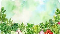 Watercolor garden border with fresh vegetables and herbs on white background, isolated design element for culinary, recipe, and organic food projects.