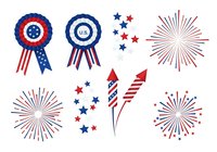 Patriotic medal ribbons, fireworks bursts, and stars in red, white, and blue isolated on transparent background. Suitable for Independence Day designs, patriotic graphics, t-shirts, and clipart projects.
