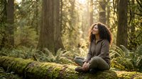 Young African American woman with curly hair meditating peacefully on moss-covered log in sunlit forest surrounded by ferns and tall trees during golden hour.