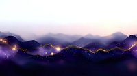 Mystical mountain landscape at twilight with glowing golden light trail weaving through purple peaks, creating magical atmosphere for fantasy backgrounds.