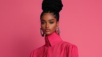 Young African American woman with braided updo hairstyle and hoop earrings wearing stylish pink pleated turtleneck top against pink background, fashion portrait.