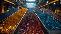 Colorful raw mineral ore piles in industrial mining facility showing different metallic materials on conveyor system. Mining and metallurgy production process.