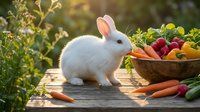 White fluffy rabbit sitting on wooden table with fresh organic vegetables in garden setting during golden hour sunlight for healthy eating concepts.