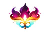 Vibrant gradient ornamental fleur-de-lis with flame-like elements in purple, pink, yellow and turquoise colors on white background, decorative fantasy flourish design.