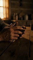 Elderly hands clasped together on wooden table in warm kitchen setting with natural window light creating peaceful contemplative atmosphere.
