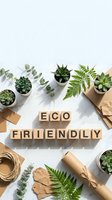 Eco friendly wooden letter blocks surrounded by green plants and sustainable packaging materials on white background for environmental awareness campaigns.