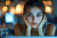 Young blonde woman with blue eyes resting chin on hands in warm evening light with bokeh background. Portrait photography for lifestyle and beauty concepts.