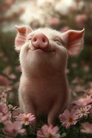 Smiling pink piglet among cosmos flowers in garden setting, close-up portrait showing happy expression and upturned snout surrounded by delicate pink petals.
