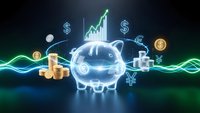 Glowing piggy bank with financial symbols and growth charts on dark background representing savings, investment and wealth accumulation concepts.