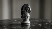 Chess knight piece on dark marble surface with soft studio lighting, isolated for design and game-related projects.