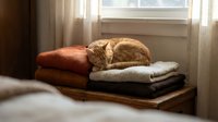 Cozy ginger cat sleeping on stack of folded sweaters and blankets near sunny window with warm natural light and sheer curtains.