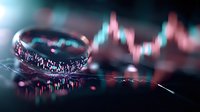 Ring with engraved stock market chart pattern reflecting trading graph data in dark background with pink and blue gradient lighting effects.