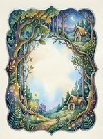 Enchanted forest frame with fairy tale cottages, twisted trees and magical woodland scene creating decorative border for storytelling and fantasy designs.
