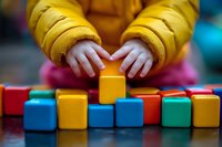 Small child hands in yellow jacket playing with colorful wooden building blocks. Close-up view captures early childhood development and learning through play.
