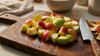 Fresh diced apples in red and green varieties on rustic wooden cutting board with knife, perfect for healthy cooking and food preparation concepts.