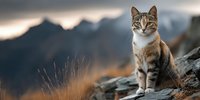 Tabby cat sitting on rocky mountain ledge during golden hour sunset with dramatic peaks and warm lighting in background for outdoor adventure concepts.