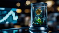 Glowing cryptocurrency trading chart with bitcoin symbol in glass cylinder display against blurred market data background with bokeh lights.