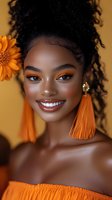 Young African American woman with curly hair wearing orange makeup and tassel earrings smiling at camera with flower in hair against warm background.