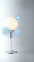 Modern smart lamp with glowing orb and holographic tech icons for home automation and IoT connectivity concepts.