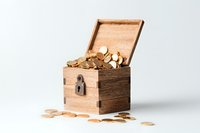 Wooden treasure chest filled with golden coins spilling onto white surface, vintage style money box with metal lock, isolated on light background.
