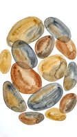 Watercolor painting of various smooth river stones and pebbles in earth tones isolated on white background for natural design projects.