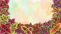 Colorful foliage border with magenta, burgundy, and golden leaves frames a soft watercolor background, perfect for seasonal designs, greeting cards, and decorative layouts.