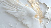White angel wing with gold leaf accents on textured plaster wall background, ethereal artistic composition showing detailed feathers and dimensional relief surface.