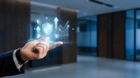 Businessman hand pointing at glowing shield and growth chart icons, representing cybersecurity, data protection, and business security solutions for corporate networks.