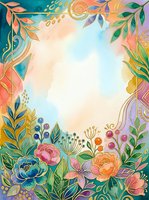 Watercolor floral frame with gold accents, colorful flowers, and lush leaves surrounding a soft pastel center, perfect for greeting cards and invitations.