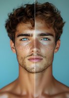 Split face portrait showing contrast between natural freckled skin and retouched smooth complexion of young male model with blue eyes and curly brown hair against turquoise background.