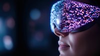 Futuristic concept showing woman wearing digital augmented reality glasses with glowing purple particles and light effects streaming from lens display.