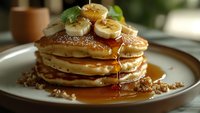 Stack of fluffy pancakes topped with sliced bananas, maple syrup drizzle, and crushed nuts on rustic ceramic plate, captured in warm natural lighting.