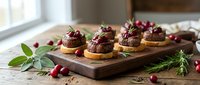 Gourmet appetizers with cranberry toppings on crackers arranged on wooden board, garnished with fresh herbs and berries for holiday entertaining and festive dining.