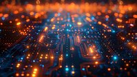 Futuristic circuit board with glowing orange and blue lights creating abstract technology landscape with bokeh effect for digital transformation concept.