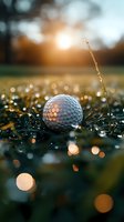 Golf ball resting on wet grass with golden sunset bokeh lights creating magical atmosphere for sports and recreation concepts.