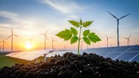 Young green plant seedling growing from soil with wind turbines and solar panels in background representing sustainable renewable energy and environmental growth.