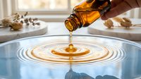 Golden honey dripping from amber glass bottle creating ripples in bowl on white wooden table with natural window light and scattered walnuts in background.