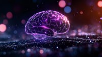 Glowing purple brain hologram floating over dark surface with bokeh lights and particles, representing artificial intelligence and neural networks.