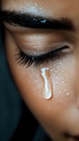 Close-up of closed eye with long eyelashes and teardrop on tanned skin with water droplets, showing raw emotion and vulnerability in artistic macro photography.