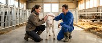 Two veterinarians examining white calf in modern dairy barn facility. Professional livestock healthcare and cattle farming consultation scene.
