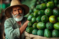 Senior Caucasian farmer with white beard and hat proudly displaying fresh harvested avocados at local market, authentic agricultural lifestyle portrait.