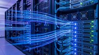 Server room with glowing blue data streams flowing across network equipment and server racks, representing digital connectivity and cloud computing infrastructure for technology and IT concepts.