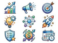 Startup business growth strategy icons set with arrow chart, megaphone, target, lightbulb, molecule, rocket, shield checklist, money gear, and calendar for marketing and entrepreneurship projects.